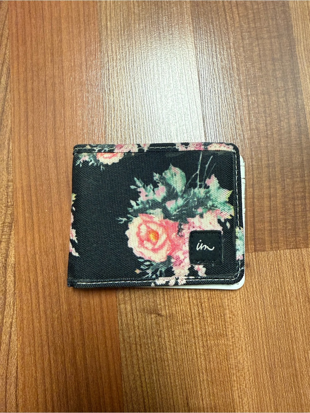 Imperial Motion Black Floral Bifold Wallet with Pink Rose